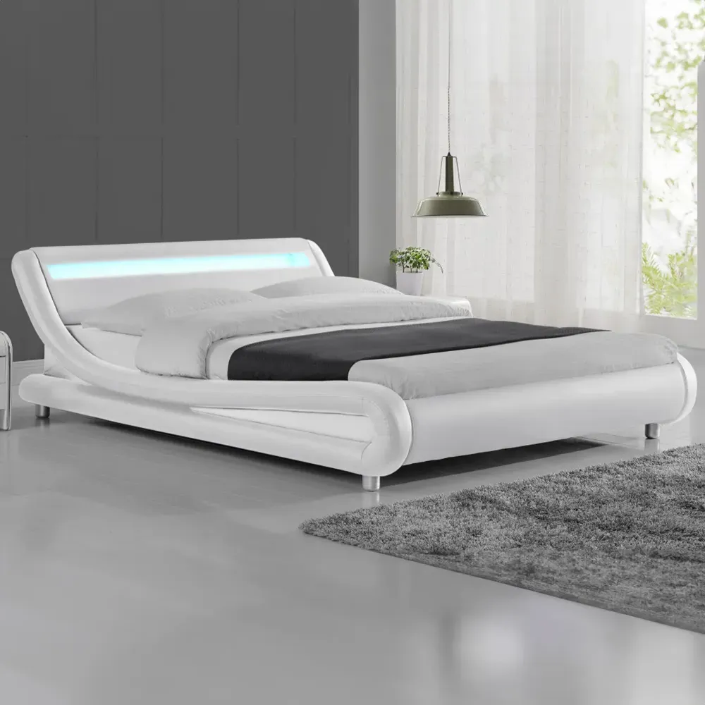 Galaxy Double Bed Frame with LED - White, Faux Leather image