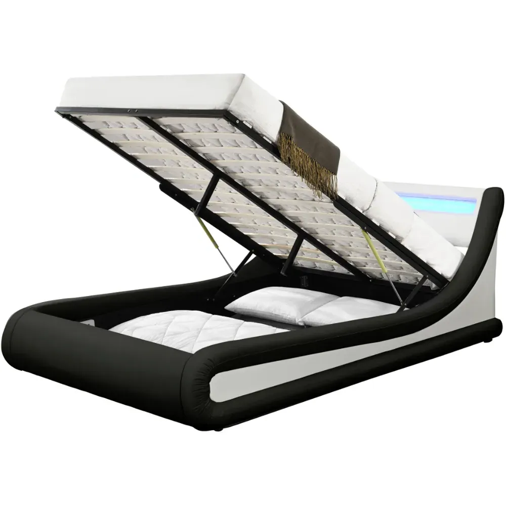 Galaxy Double Ottoman Bed Frame with LED - Black, Faux Leather