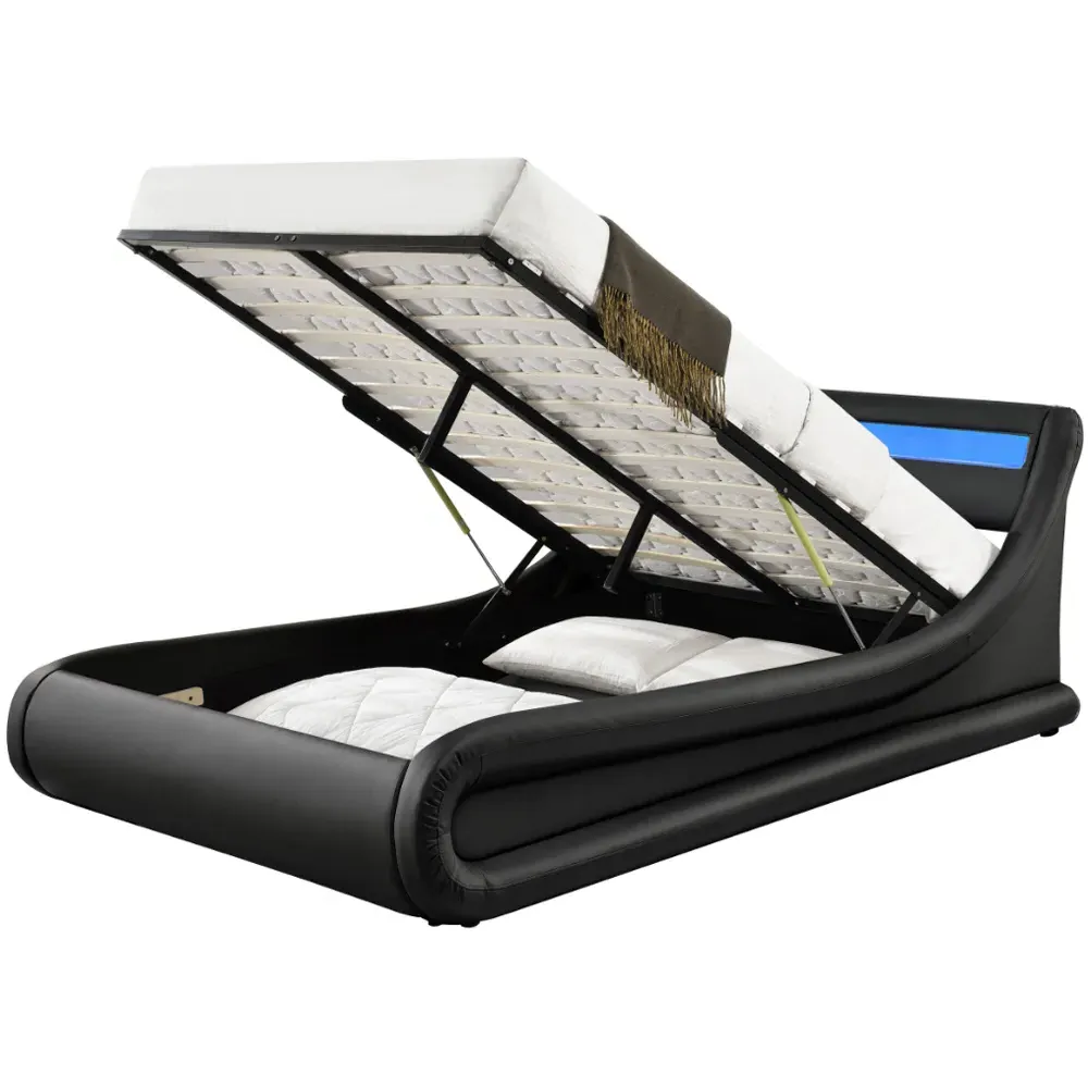 Galaxy Double Ottoman Bed Frame with LED - Black, Faux Leather