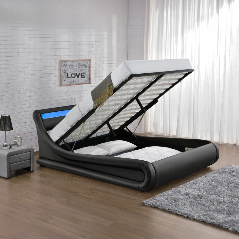Galaxy Double Ottoman Bed Frame with LED - Black, Faux Leather