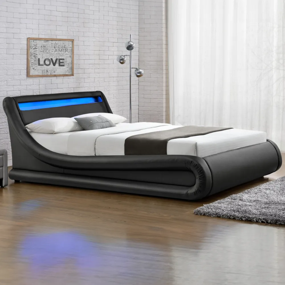 Galaxy Double Ottoman Bed Frame with LED - Black, Faux Leather