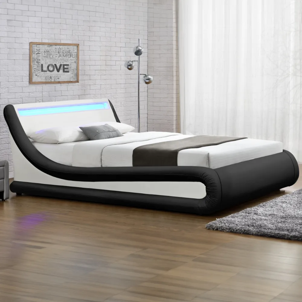 Galaxy Double Ottoman Bed Frame with LED - Black, Faux Leather