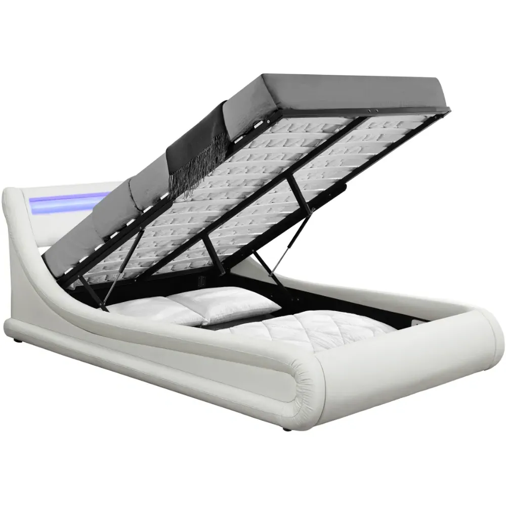 Galaxy Double Ottoman Bed Frame with LED - White, Faux Leather