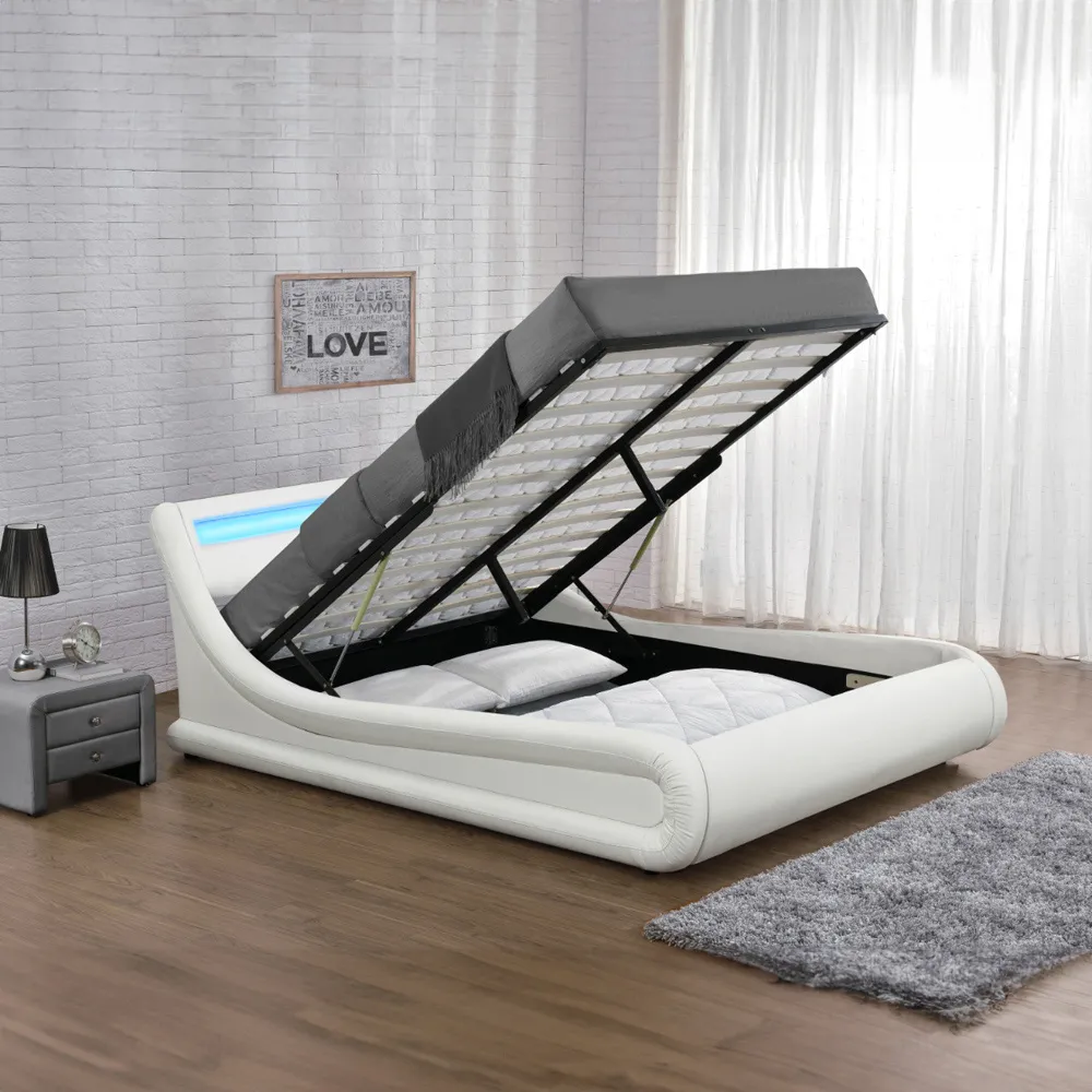 Galaxy Double Ottoman Bed Frame with LED - White, Faux Leather