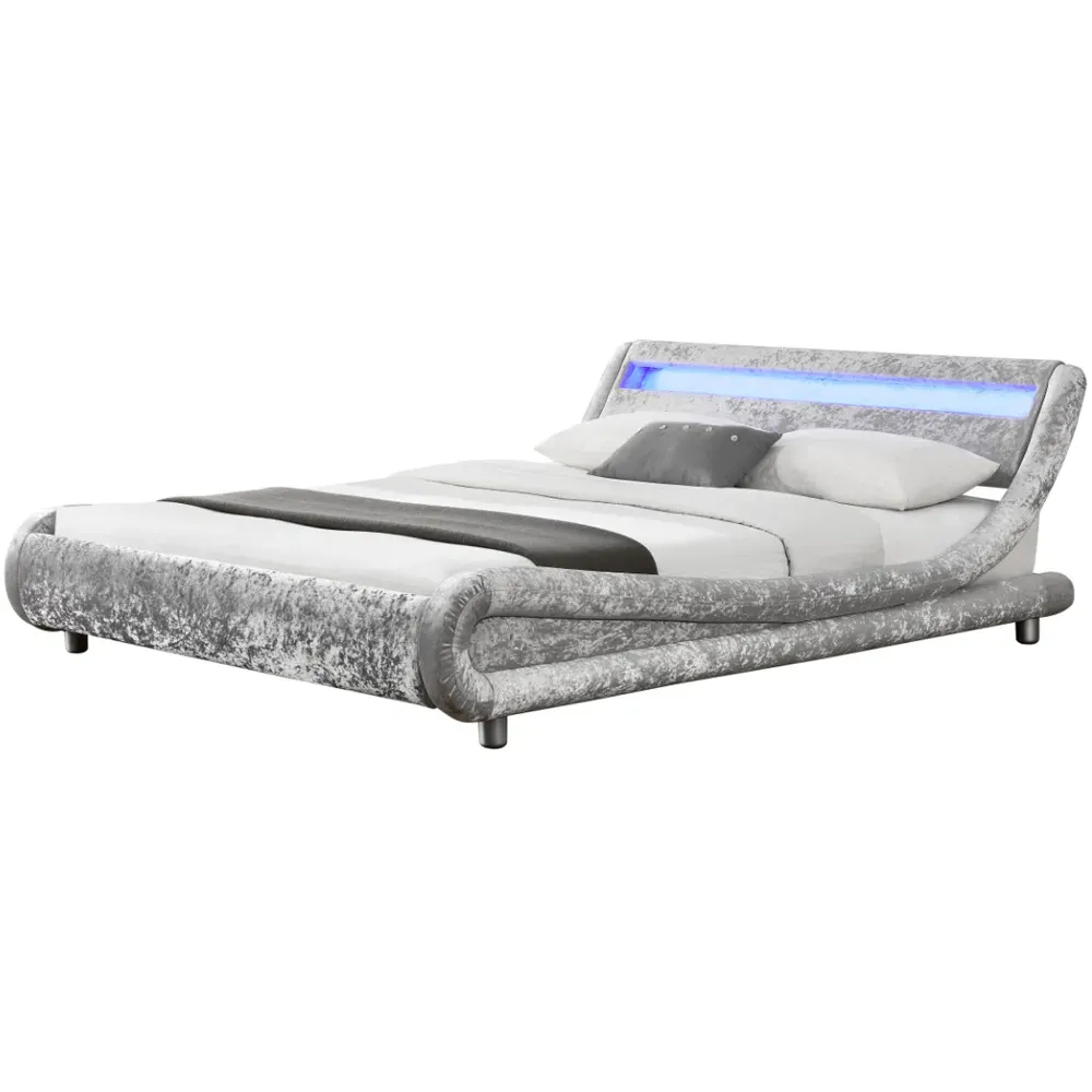 Galaxy King Size Bed Frame with LED - Silver, Velvet