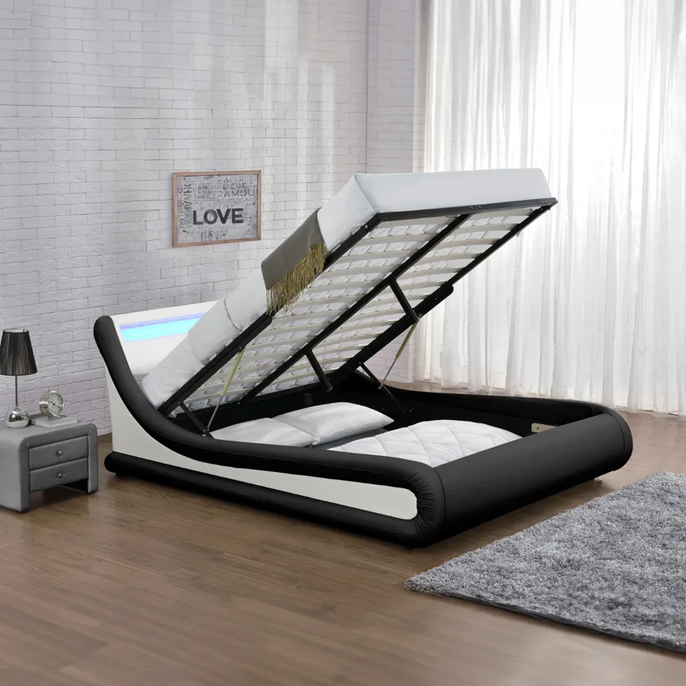 Galaxy King Size Ottoman Bed Frame with LED - Black, Faux Leather