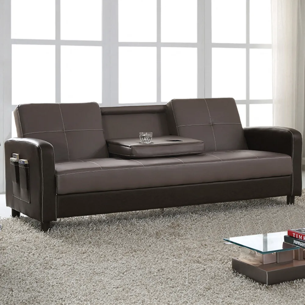 Tampa 3-Seater Sofa Bed with Cup Holders - Grey, Faux Leather