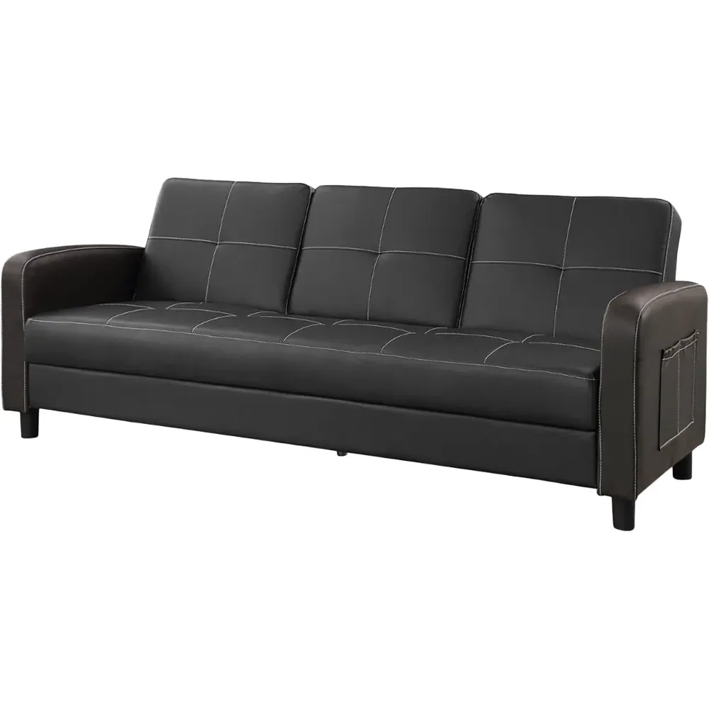 Tampa Double Sleeper Sofa Bed with Cup Holders - Black, Faux Leather