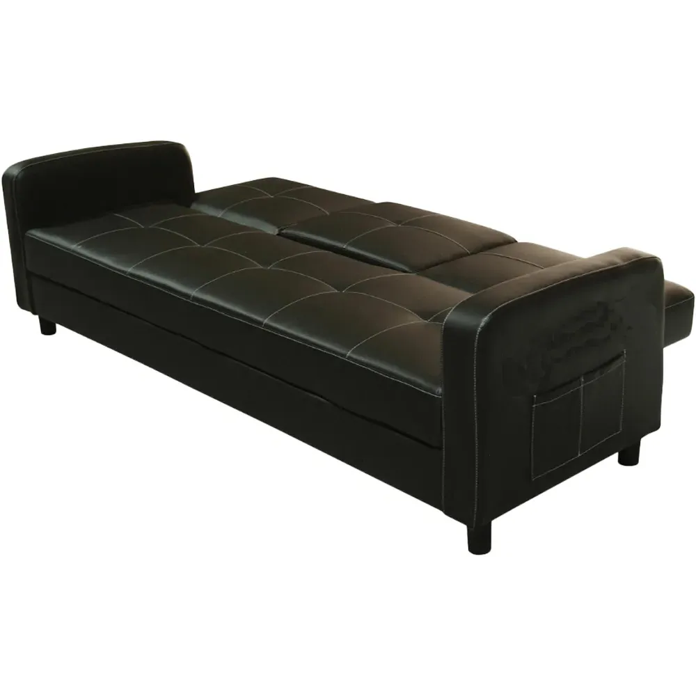 Tampa Double Sleeper Sofa Bed with Cup Holders - Black, Faux Leather