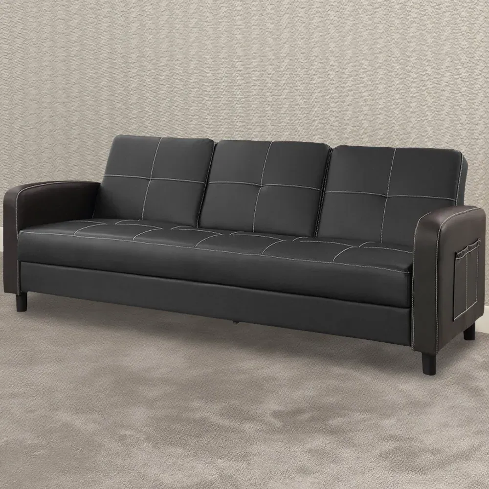 Tampa Double Sleeper Sofa Bed with Cup Holders - Black, Faux Leather