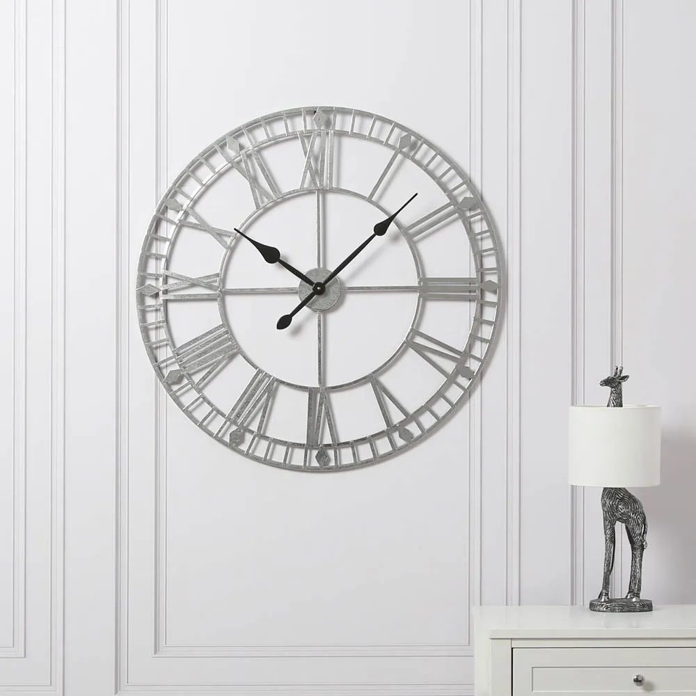 EOS Skeleton Wall Clock with Roman Numerals - Silver