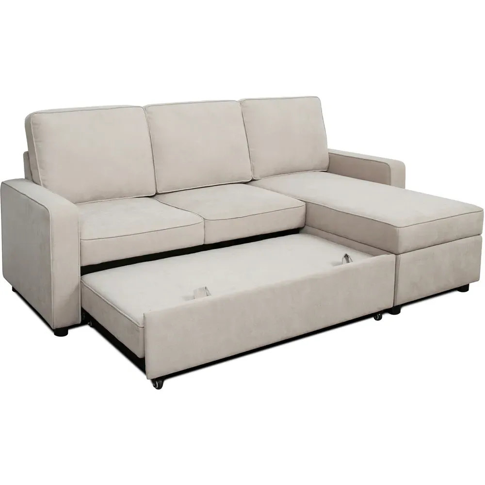 Selene L-Shaped Corner Sofa Bed with Storage - Beige, Linen