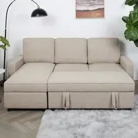 Selene L-Shaped Corner Sofa Bed with Storage - Beige, Linen