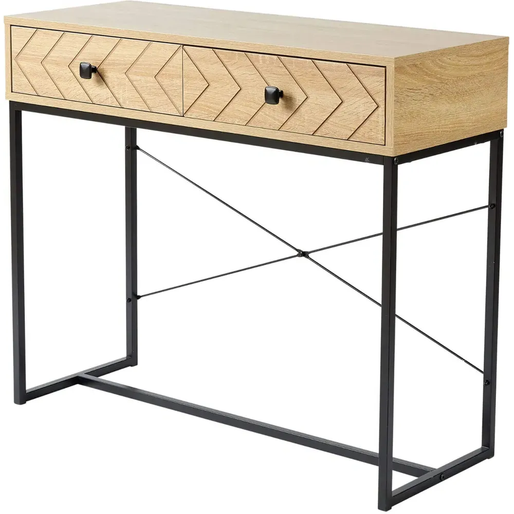 2 Drawer Console Table with Metal Legs - Grey, Oak Effect