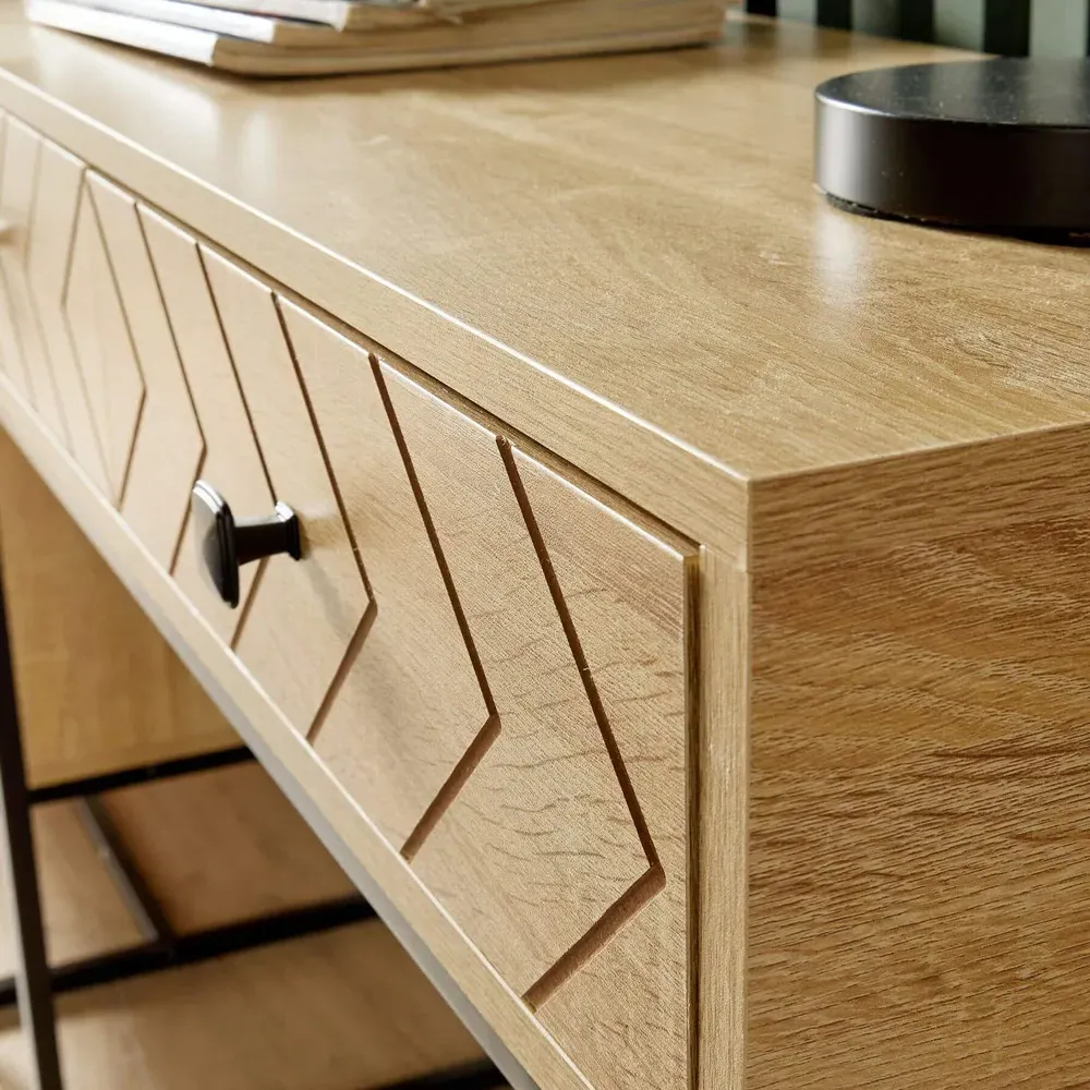2 Drawer Console Table with Metal Legs - Grey, Oak Effect