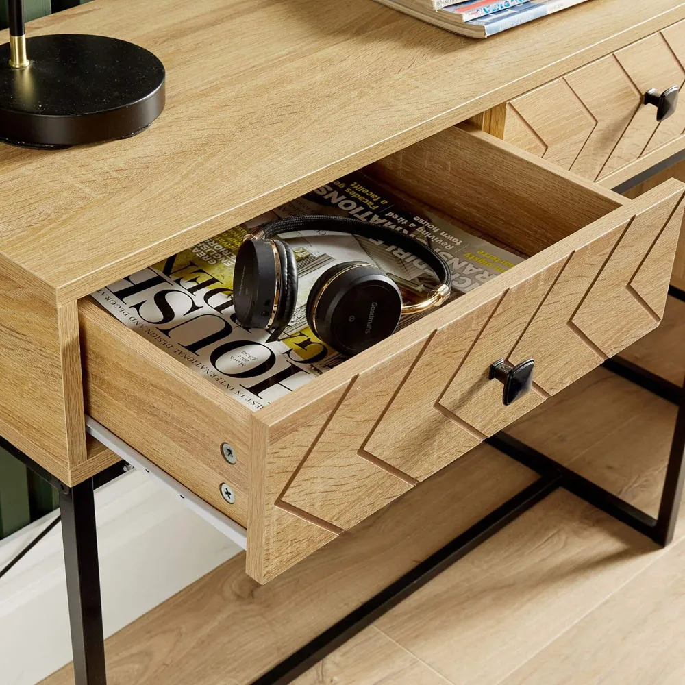 2 Drawer Console Table with Metal Legs - Grey, Oak Effect