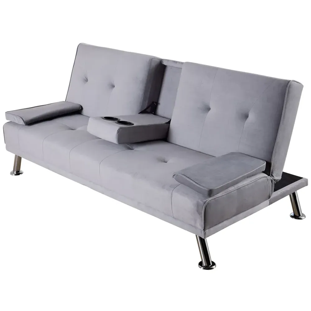 2-Seater Folding Sofa Bed with Armrests - Grey, Crushed Velvet