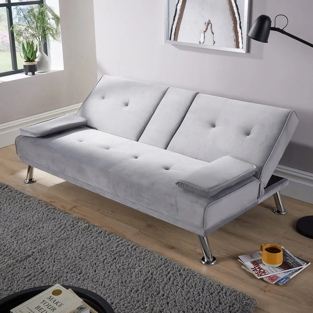 2-Seater Folding Sofa Bed with Armrests - Grey, Crushed Velvet image