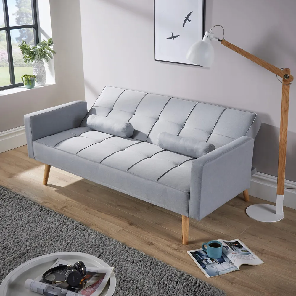 3-Seater Folding Sofa Bed with Wooden Legs - Grey