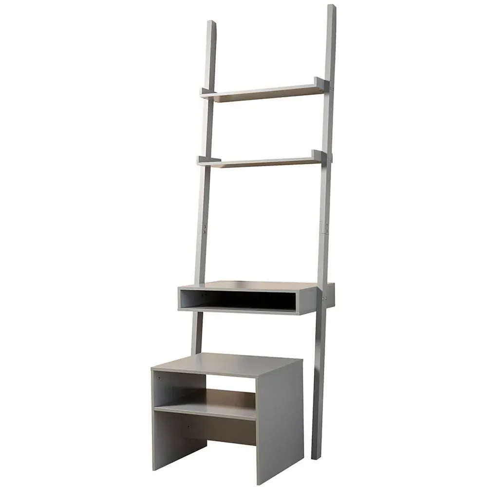 3 Shelf Ladder Office Desk and Stool Set - Grey