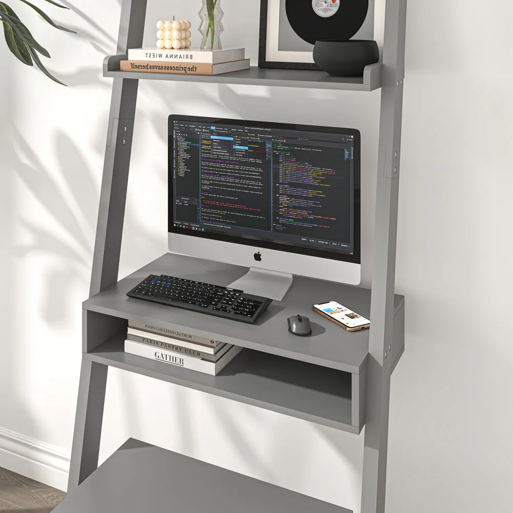 3 Shelf Ladder Office Desk and Stool Set - Grey