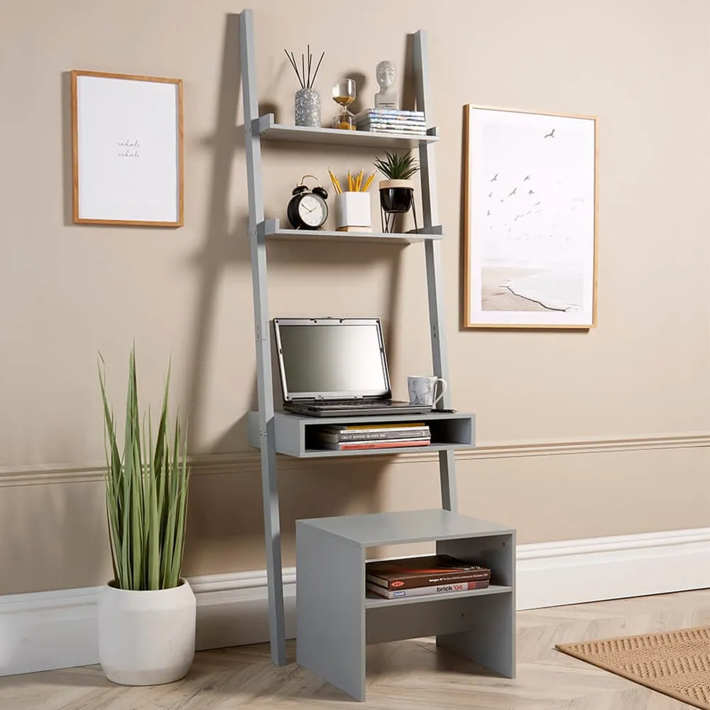 3 Shelf Ladder Office Desk and Stool Set - Grey image