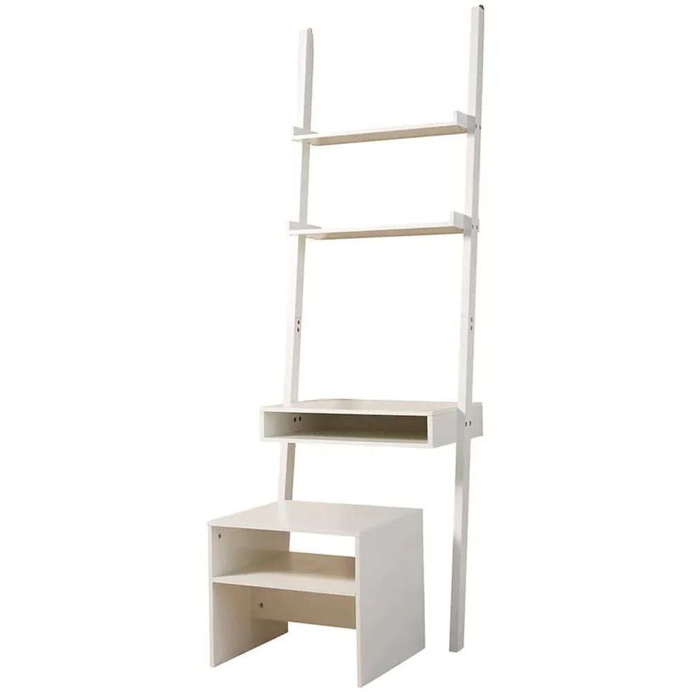 3 Shelf Ladder Office Desk and Stool Set - White