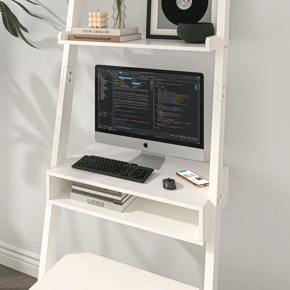 3 Shelf Ladder Office Desk and Stool Set - White