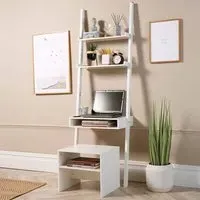 3 Shelf Ladder Office Desk and Stool Set - White