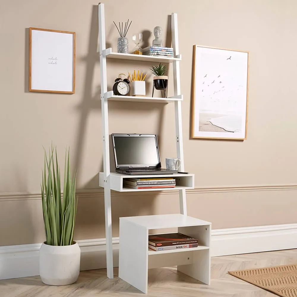3 Shelf Ladder Office Desk and Stool Set - White