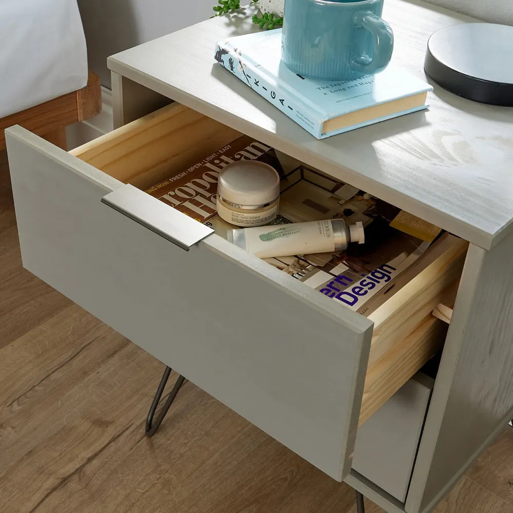 Acadia 2 Drawer Bedside Table with Hairpin Legs - Grey, Pine