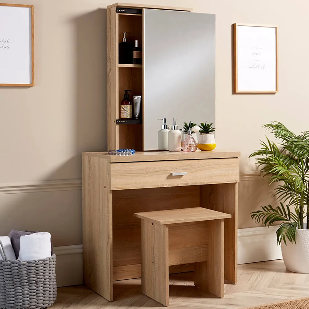 Berlin Single Drawer Dressing Table Set with Mirror - Oak image