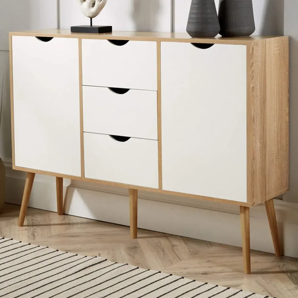 Boden 2 Door 3 Drawer Sideboard - White, Oak Effect