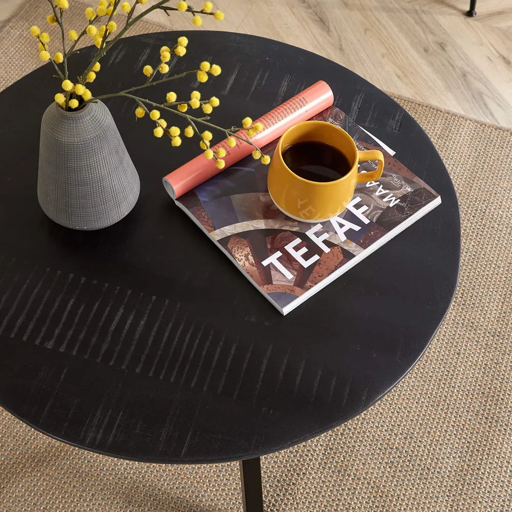 Caribou Round Coffee Table with Iron Legs - Black, Mango Wood