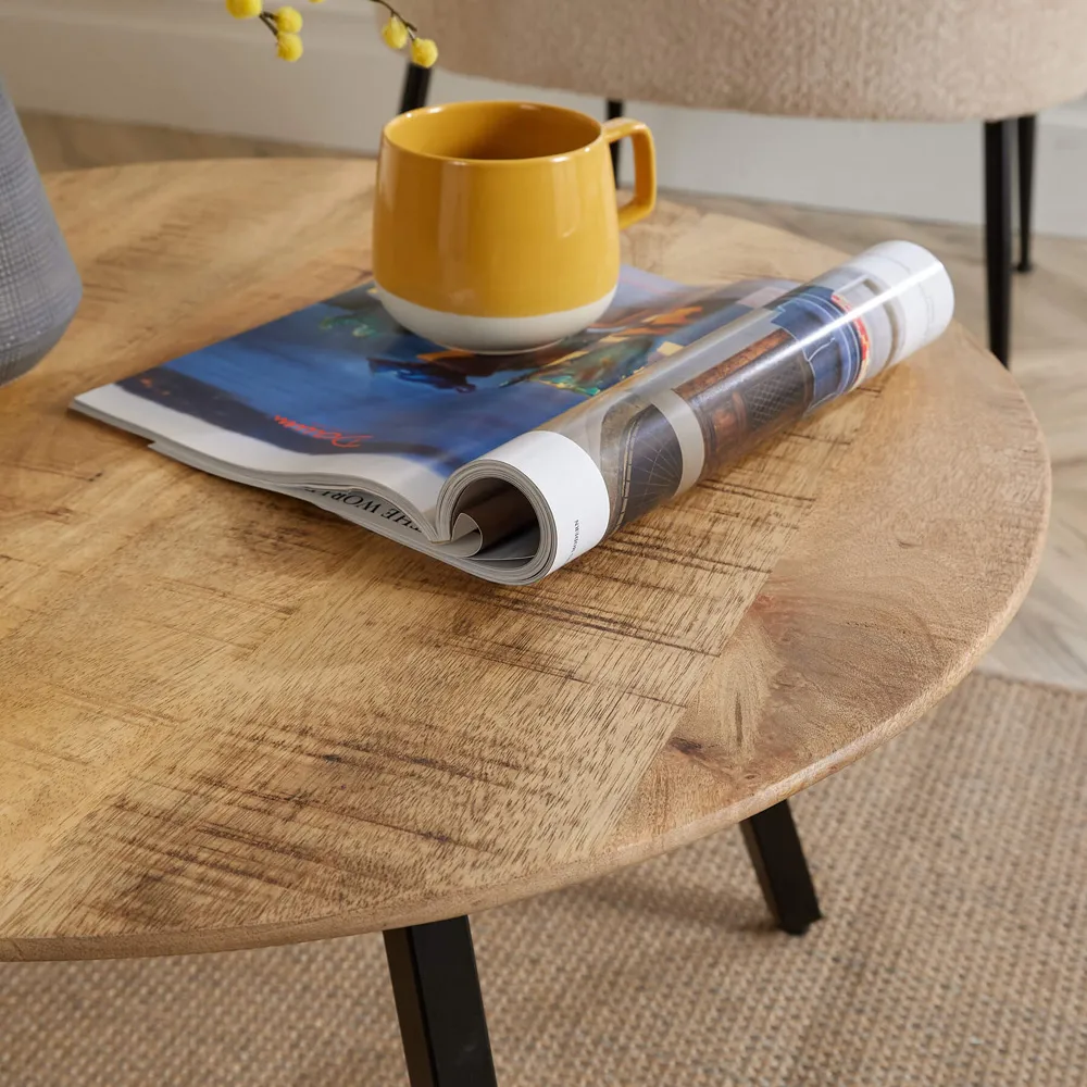Caribou Round Coffee Table with Iron Legs - Brown, Mango Wood