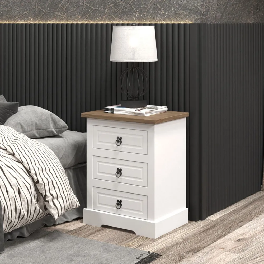 Corona 3 Drawer Bedside Table - White, Pine