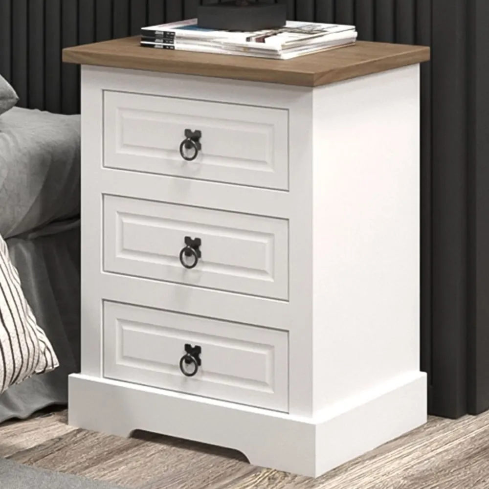 Corona 3 Drawer Bedside Table - White, Pine