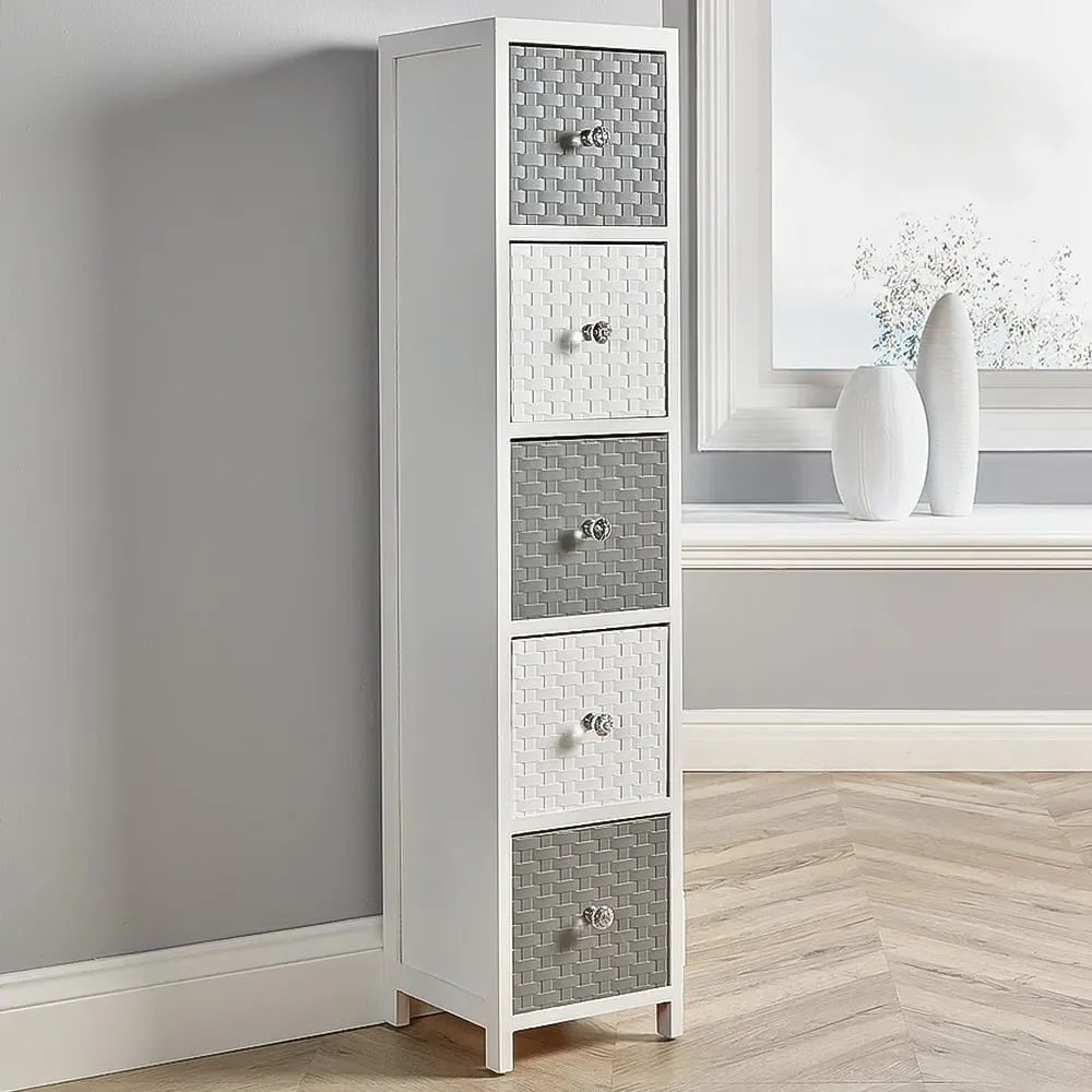 Crystal 5 Drawer Narrow Chest of Drawers - White