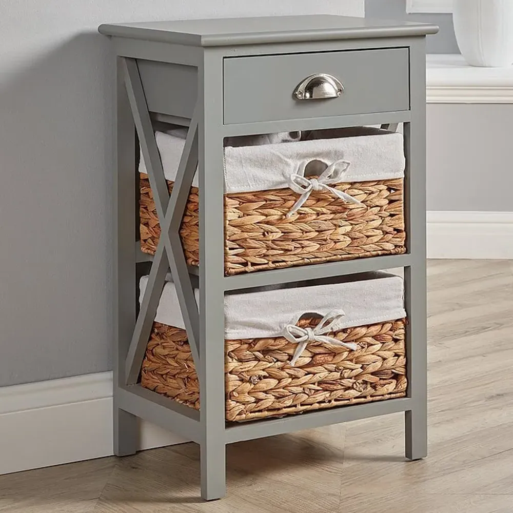 Dartmouth Single Drawer Bedside Table with Baskets - Grey