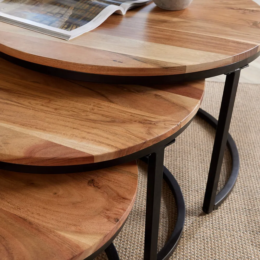 Eureka Round Nest of Tables Set of 3 - Brown, Acacia