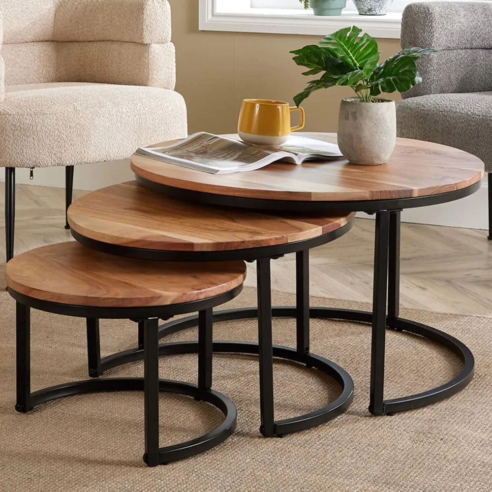 Eureka Round Nest of Tables Set of 3 - Brown, Acacia image