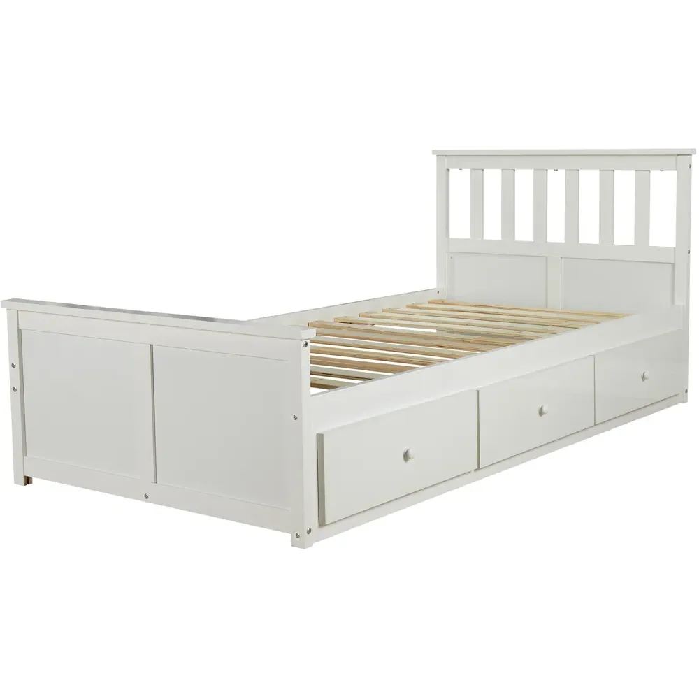 Florida Single Bed Frame with 3 Drawer Storage - White, Pine