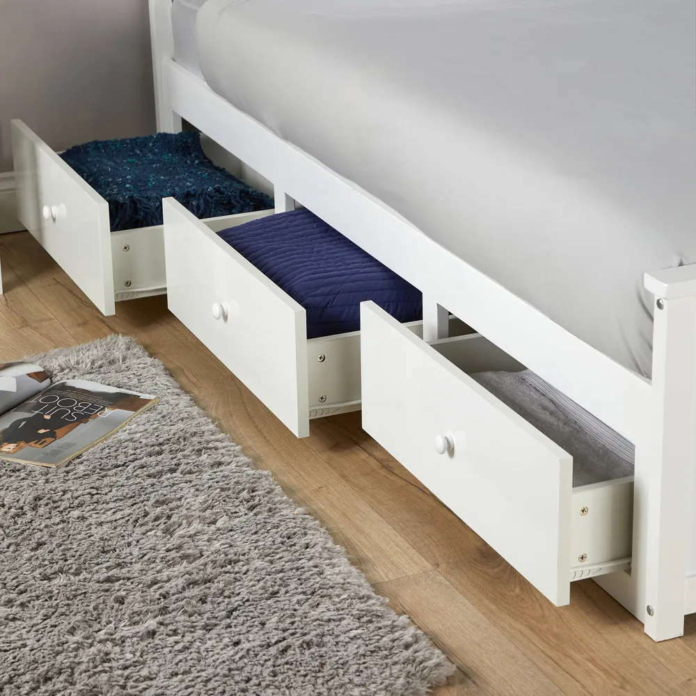 Florida Single Bed Frame with 3 Drawer Storage - White, Pine