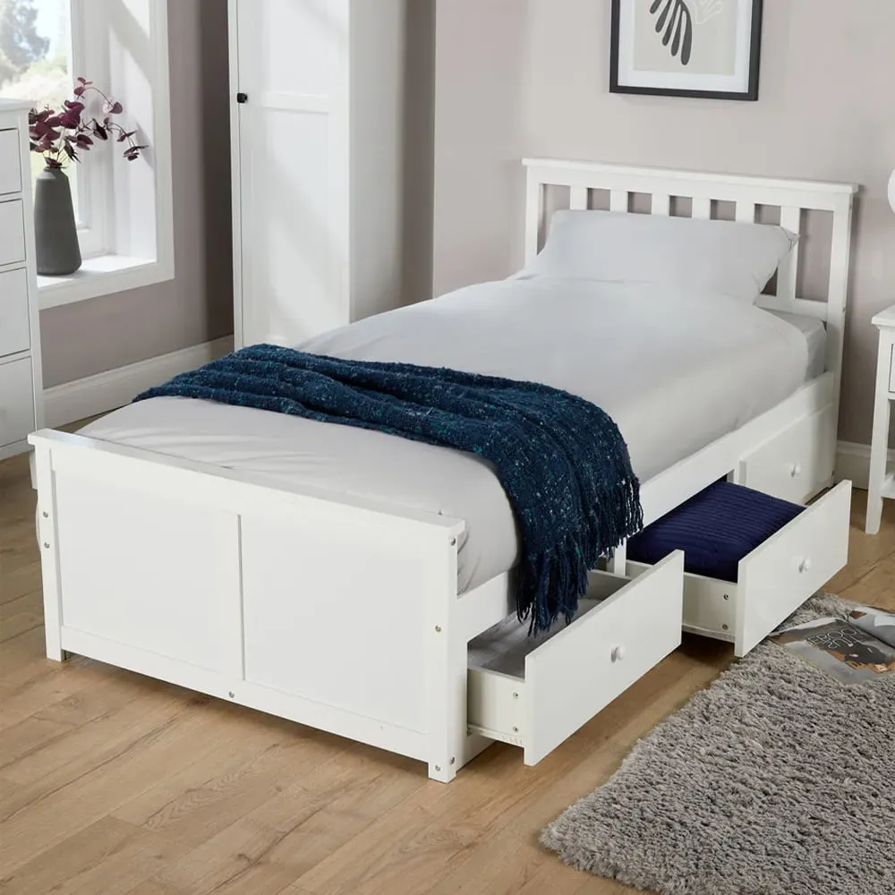 Florida Single Bed Frame with 3 Drawer Storage - White, Pine