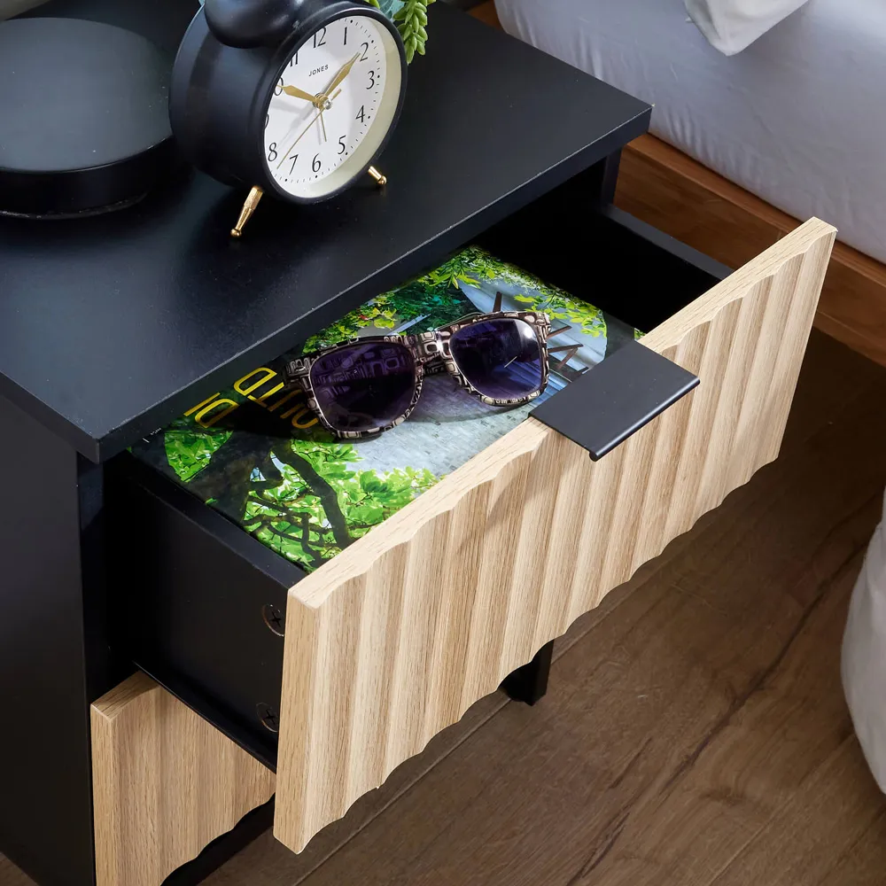 Hempton 2 Drawer Bedside Table - Black, Natural