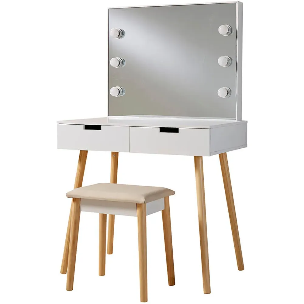 Hollywood 2 Drawer Dressing Table with Light Mirror - White