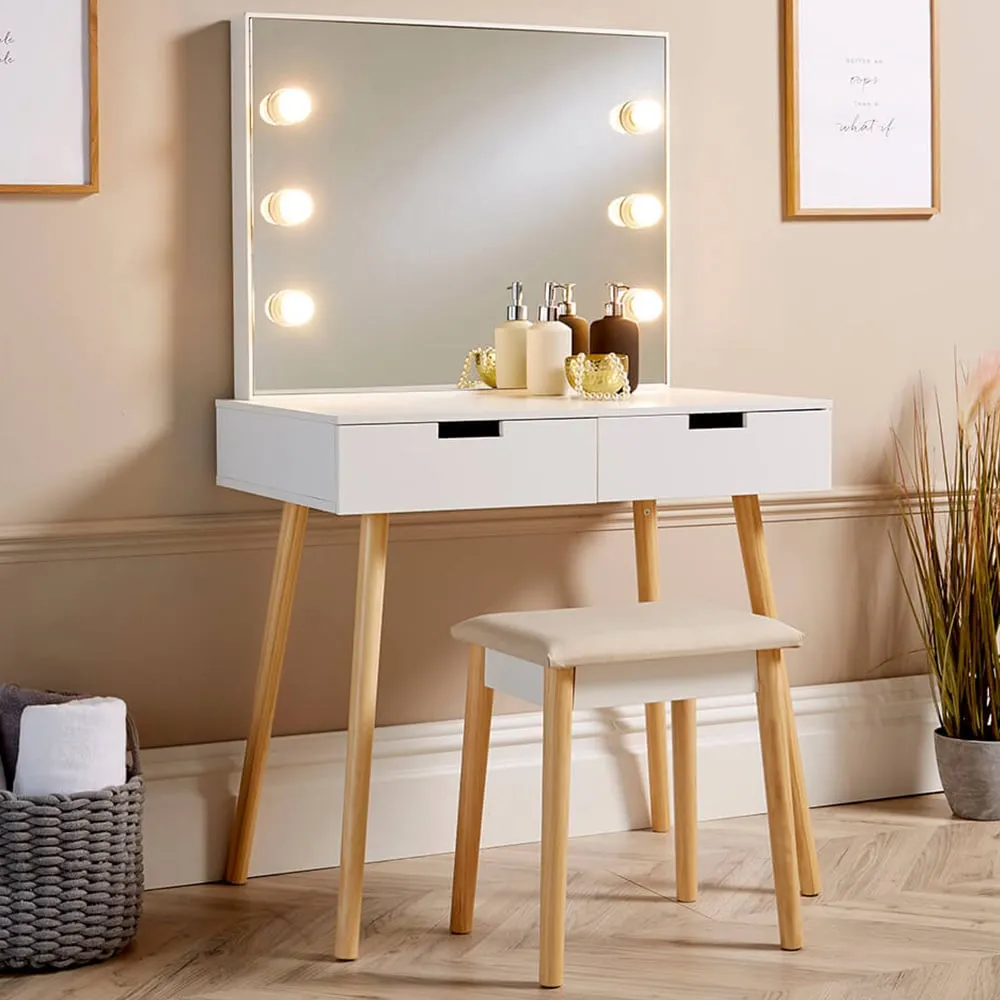 Hollywood 2 Drawer Dressing Table with Light Mirror - White image