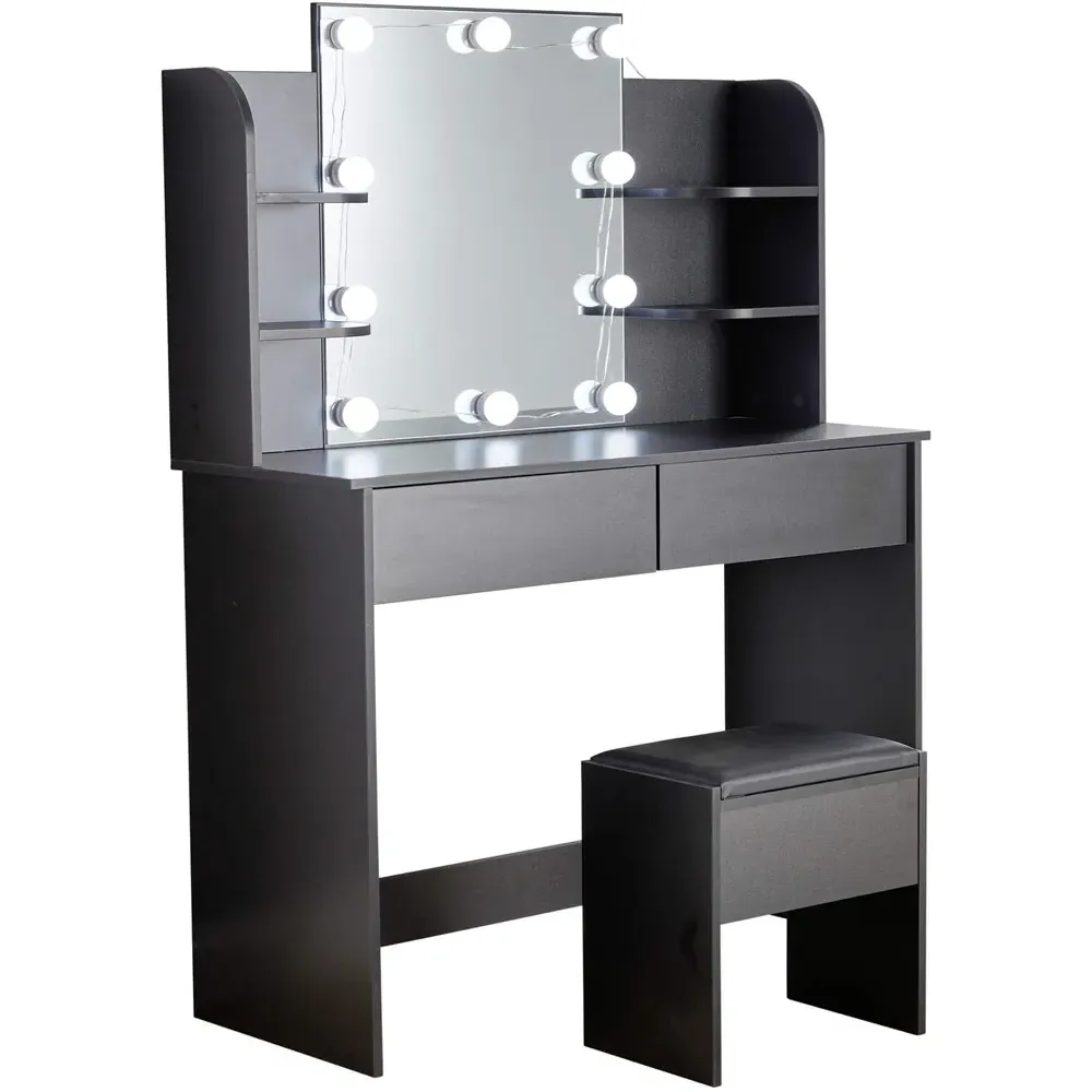 Julia LED Lights Mirror Dressing Table with Stool - Black