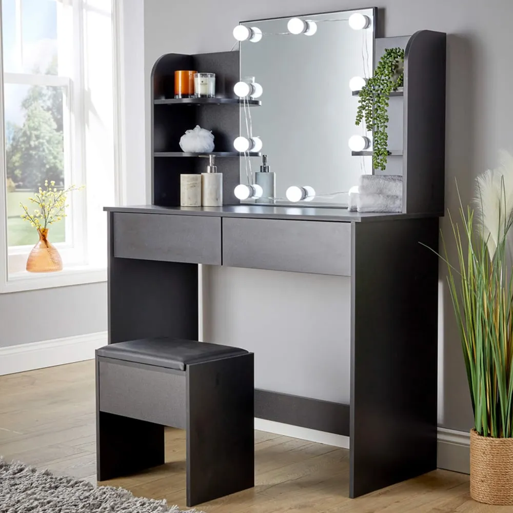 Julia LED Lights Mirror Dressing Table with Stool - Black image