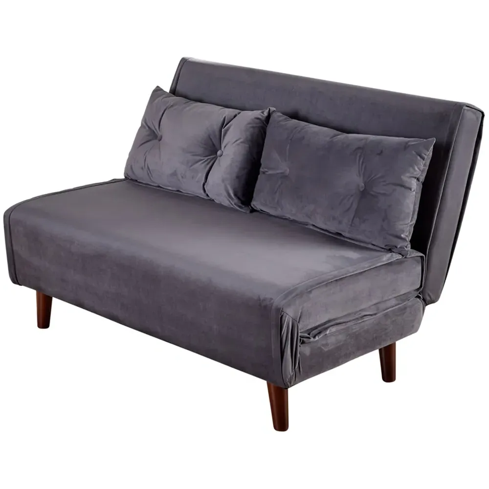 Morella 2 Seater Folding Sofa Bed with Pillows - Grey, Velvet
